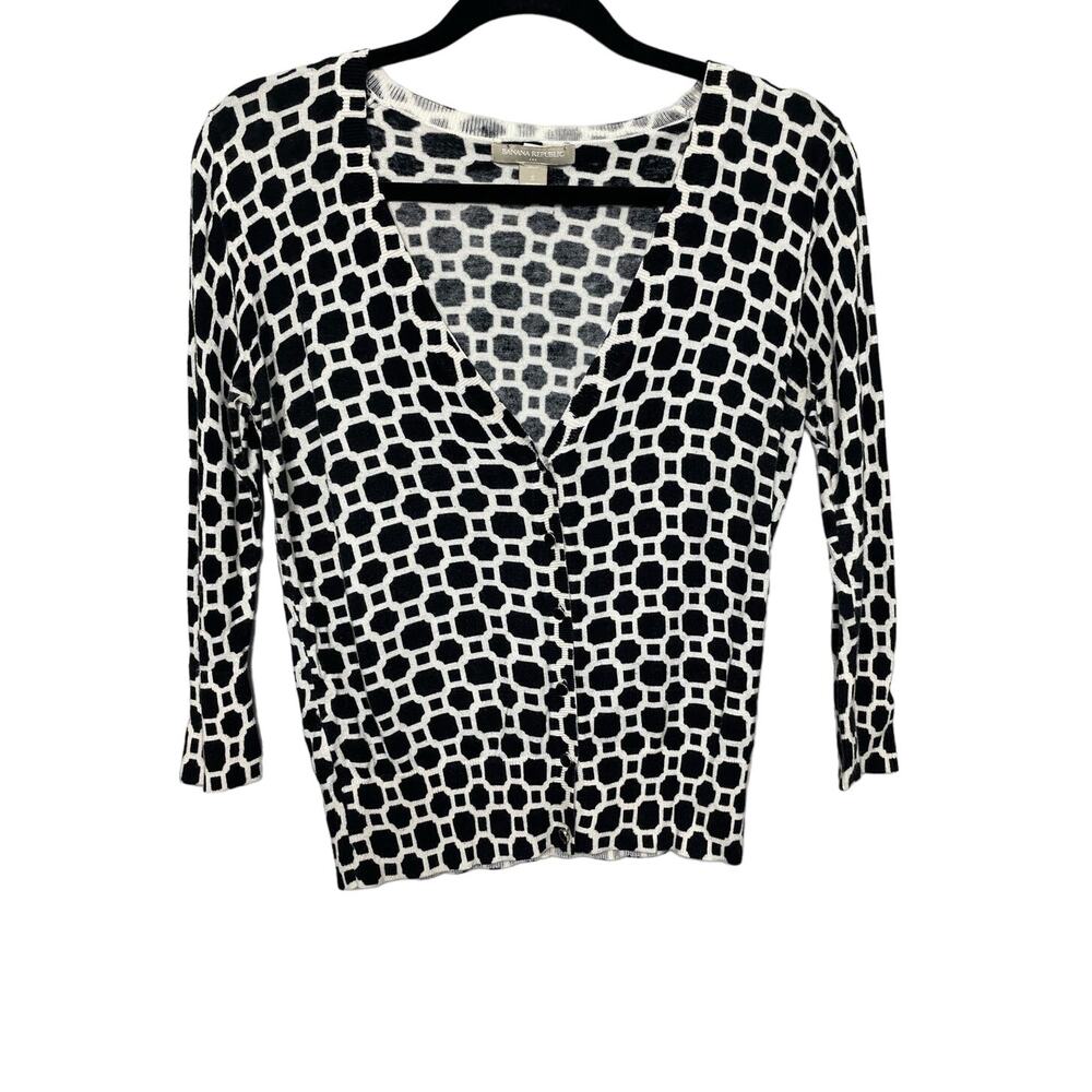 Banana Republic Cardigan Sweater‎ Buttoned Knit Geometric Print Black White SP